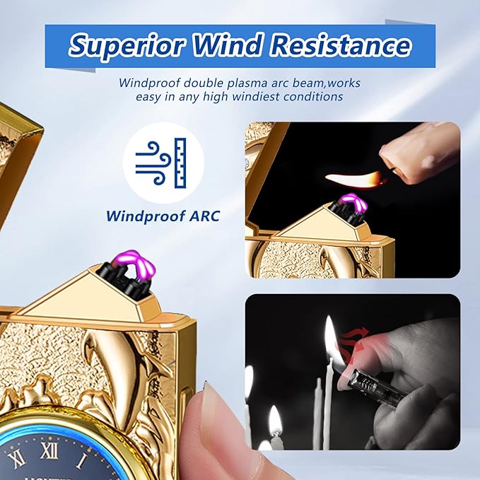Electric Lighters Rechargeable USB Windproof Flameless Plasma Arc lighters with Clock dial Luxury Vintage Fancy Cool lighters for Candle Gift for Man (Gold)
