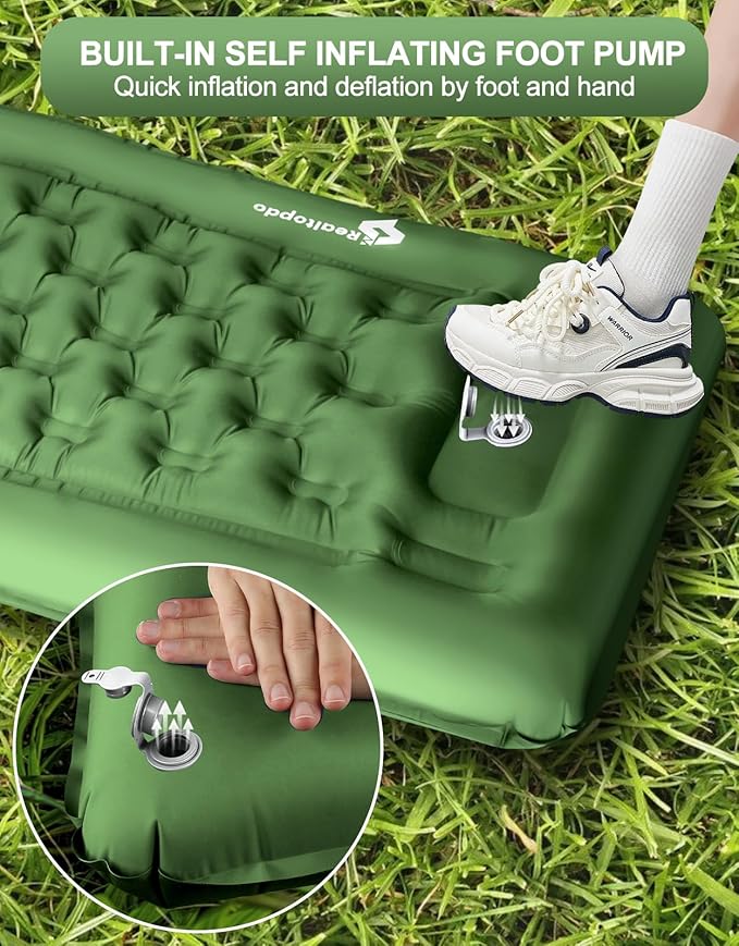 Sleeping Pad for Camping Extra Thick 5'' - Camping Sleeping Mat with Pillow, Self Inflating Camping Pad Built-in Foot Pump, Inflatable Mattress Camping Backpacking Hiking Traveling (Green)