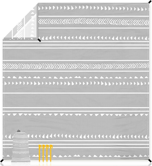 78''×86'' Large Beach Blanket for 4 Adults, Outdoor Beach Mat Sand Proof Waterproof with 4 Stakes & 4 Corner Pockets, Polyester Lightweight Comapct Grey Picnic Mat for Travel, Camping, Hiking