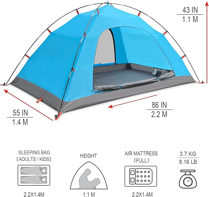 KAZOO 2/4 Person Camping Tent Outdoor Waterproof Family Large Tents 2/4 People Easy Setup Tent with Porch Double Layer
