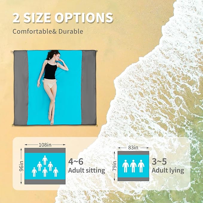 Beach Blanket, 83''*79''(210 * 200cm) Waterproof Sandproof Picnic Blankets for 3-5 Adults, Oversized Lightweight Beach Mat, Big & Compact Picnic Mat for Travel, Camping, Hiking, Beach
