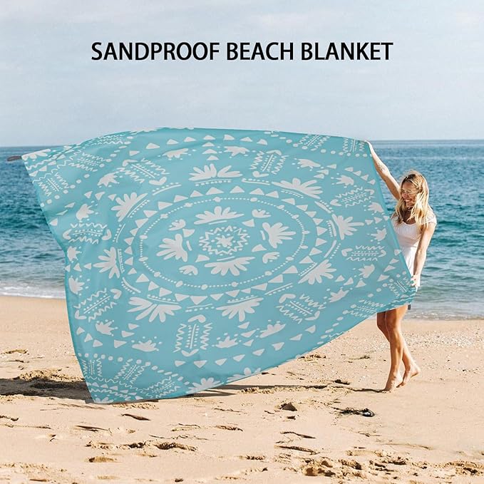 Bohemian Beach Blanket Waterproof Sandproof, 78”x 86” Large Sand Free Beach Mat with 4 Stakes & Portable Bag, Big Flodable Compact Outdoor Pockets Picnic Blanket for Festival, Camping - Boho Turquoise