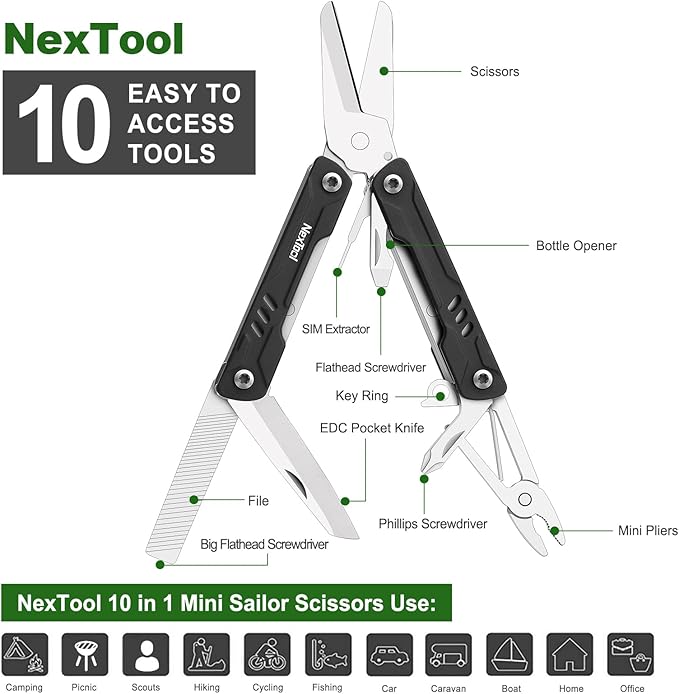 NexTool Keychain Multitool, Mini Sailor Scissors, 10 in 1 Mini Multitool with EDC Pocket Knife, Mini Pliers, Bottle Opener and Screwdriver for Fishing, Camping, Gifts for Men on Christmas, Birthday