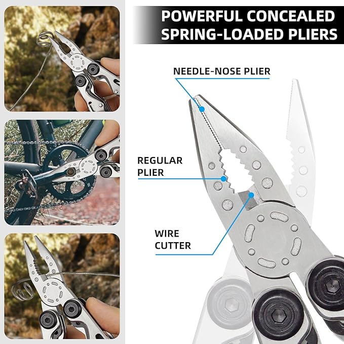 Multitool,13-in-1 Multitools Pliers with Nylon Sheath,Professional Stainless Steel Multi-Tool for Outdoor,Survival,Camping,Hiking,Simple Repair(13 in 1-Natural)