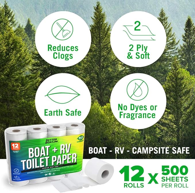 Boat and RV Toilet Paper Septic Safe Tissue Toilet Quick Dissolving 12 Single (1) Rolls for Marine and Travel Camper Systems Camping Biodegradable Supplies Dissolve and Tank Safe | TP Bulk Pack 2 Ply