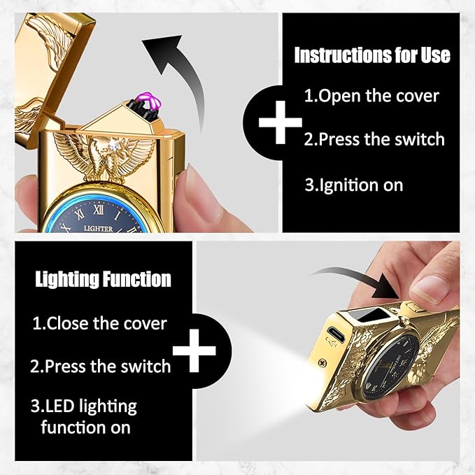 Cool Lighter with Clock Dial Electric Lighter with LED Power Display Plasma Lighter Windproof USB Rechargeable Lighter Gifts for Men Women (Eagle-Gold)