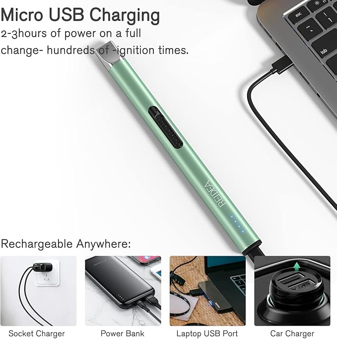 REIDEA Electric Lighter S4 Pro Candle Lighter, Windproof Flameless USB Rechargeable Arc Lighter with Safe Button and Power Indicator for Candle, BBQ and Fireworks, Mint Green