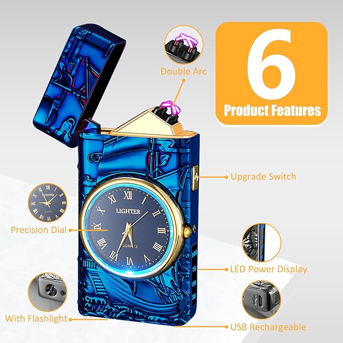 Cool Lighter with Clock Dial Electric Lighter with LED Power Display Plasma Lighter Windproof USB Rechargeable Lighter Gifts for Men Women (Sailboat-Blue)