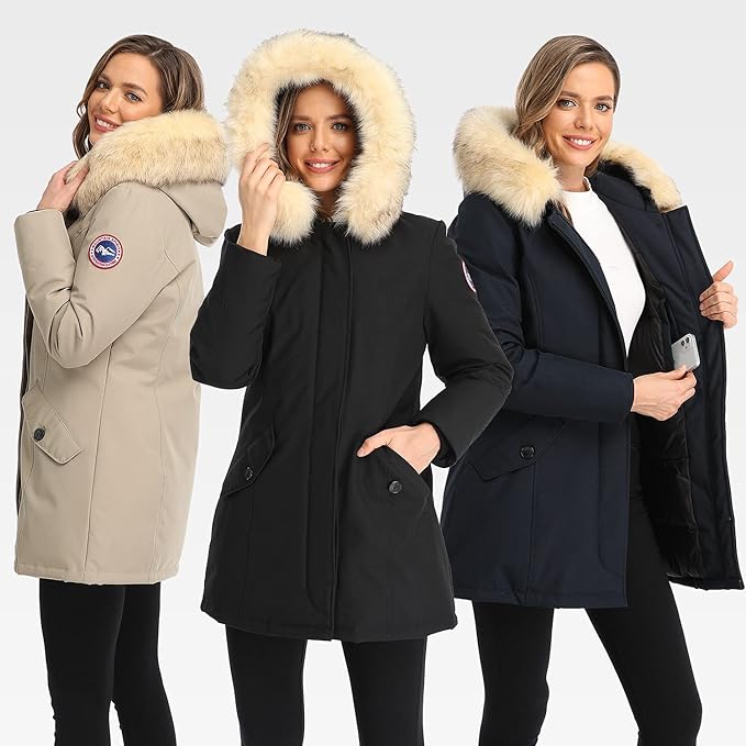 PUREMSX Duck Down Winter Coat for Women Insulated Long Thick Fur Hood Puffer Warm Parka Jacket
