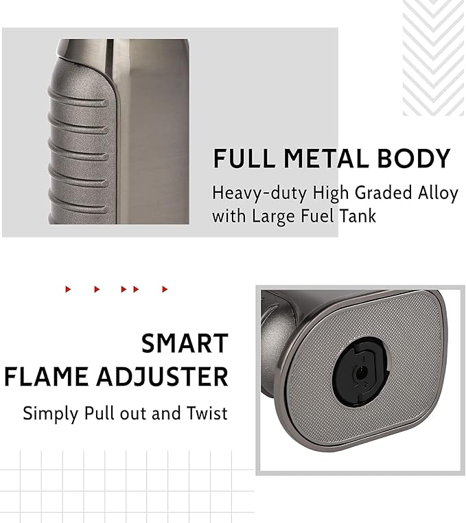 Torch Lighter, Quad 4 Jet Flame Windproof Butane Lighter with Safety Lock Adjustable Refillable Lighter for Kitchen Grill BBQ Candle Camping (Butane NOT Included) (Gunmetal)