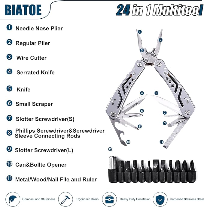 Multi Tool: Multitool Pliers - Pocket Knife Set, 24-in-1 Camping Tool with Screwdriver Bits Set, Can&Bollte Opener for Camping, Gifts for Men Father/Husband/Boyfriend