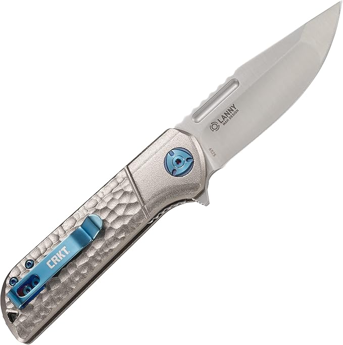 CRKT Lanny EDC Folding Pocket Knife: Assisted Opening Everyday Carry, Satin Blade, Flipper , Liner Lock, Hammered Aluminum Handle, Reversable Pocket Clip 6525