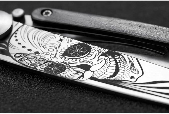 deejo - Ultra-lightweight folding pocket knife with clip belt - Ebony version 1.3 oz - Thin blade and sharp - Latino Skull Design - Steel stainless steel - Elegant and modern design