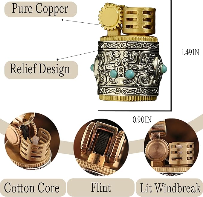 Cool Embossed Design Kerosene Wheel Lighter Refillable Eco-Friendly, Vintage Dazzling & Ultra-Cool, Unique for Men Candles Gift Camping BBQ (No Kerosene) (1#)