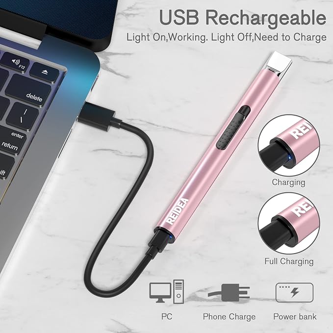 REIDEA Lighter S4 Electronic Candle Lighter USB Rechargeable with Security Lock, Windproof Fast Heat Sinking, Non-Slip Switch Electronic Lighter for Candle, Grill, Camping 2 Pack (Rose Gold + Black)
