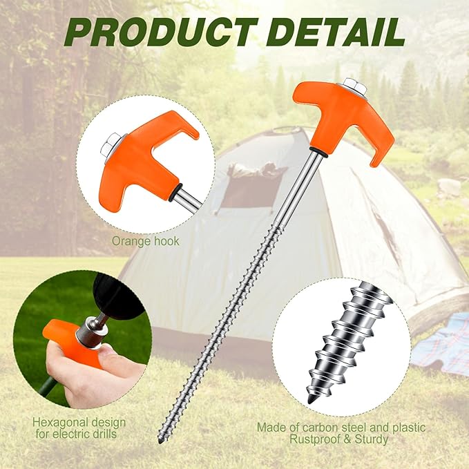 Hicarer 20 Pcs 8'' Screw in Tent Stakes Heavy Duty Ground Anchors Screw in Tent Pegs Ground Stakes Tent Spikes Metal Tent Spikes with Hex Head Driver for Camping Garden Canopies (Orange)