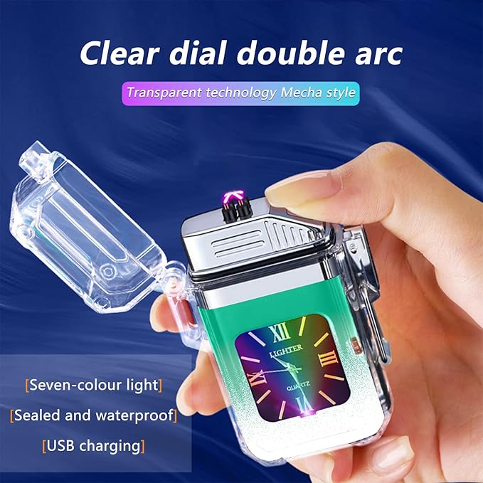 SKRFIRE Outdoor Windproof Lighter Electric Double Arc Lighter Plasma Lighter Rechargeable Lighter Fashionable and Cool Lighter Waterproof Transparent Lighter(Green and White Gradient)