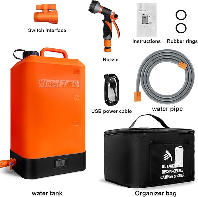 4.5 gallon/16L Silicone Water Tank,Portable Outdoor Shower,Electric Shower,8 Types of Multifunctional Shower Heads,Using Solar Heating Temperature Display,Suitable for Camping,Beach,and Hiking