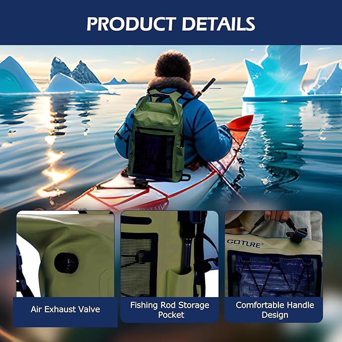Goture Dry Bag Waterproof Backpack,20L Fishing Tackle Bag with Rod Holder,Padded Shoulder Straps and Air Exhaust Valve,500D PVC Dry Sack Bag with Phone Case for Kayaking,Boating,Fishing,Travel
