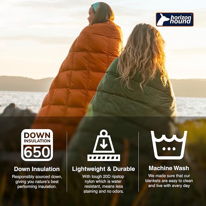 Horizon Hound Down Camping Blanket - Outdoor Travel Blanket | Sustainable Insulated Down | Lightweight & Warm Quilt for Camping, Stadium, Hiking & Festival | Water Resistant, Packable & Compact