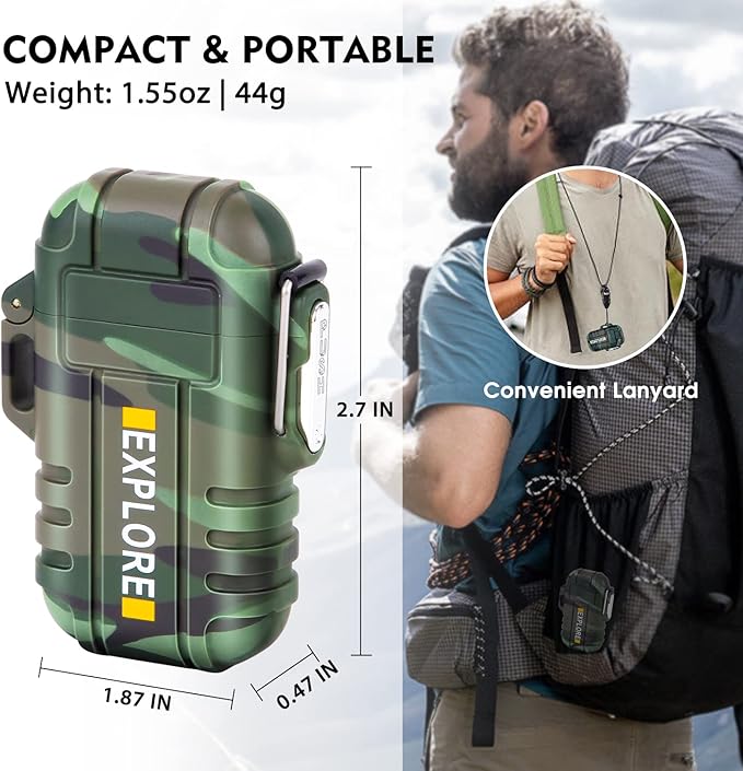 LcFun Waterproof Lighter Outdoor Windproof Lighter Dual Arc Lighter Electric Lighters USB Rechargeable Flameless Plasma Cool Lighters for Camping, Hiking, Adventure, Survival Tactical Gear