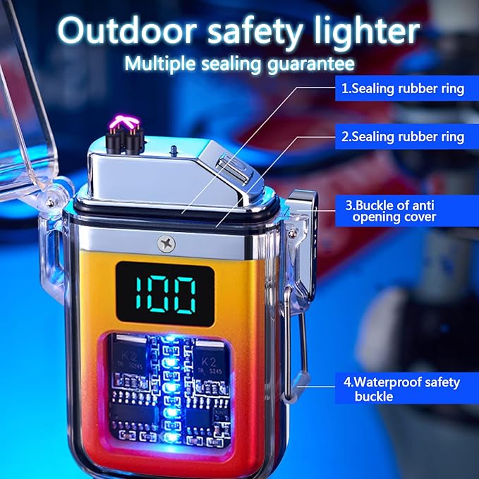 Electric Rechargeable Lighter Transparent Waterproof Dual Arc Plasma Lighter Type-C Rechargeable Lighter Outdoor Windproof Lighter for Outdoor,Camping,Candle and Survival(Red and Yellow)