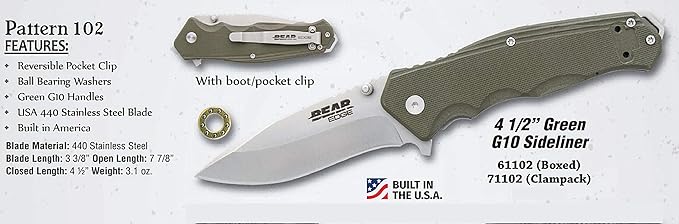 Bear Edge G10 Sideliner, 3 3/8” 440 High Carbon Stainless Steel Blade, Green G10 Handle, Trigger Open and Reversible Pocket Clip (61102)