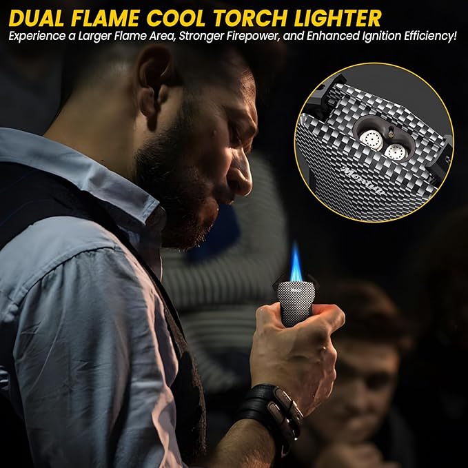 Dual-Jet Torch Lighter, with Built-in Hole Punch, Cool Lighters for Festival Gifts, All-in-one Design Butane Refillable Lighter, Portable Windproof Lighter for Candles, Camping Outdoors