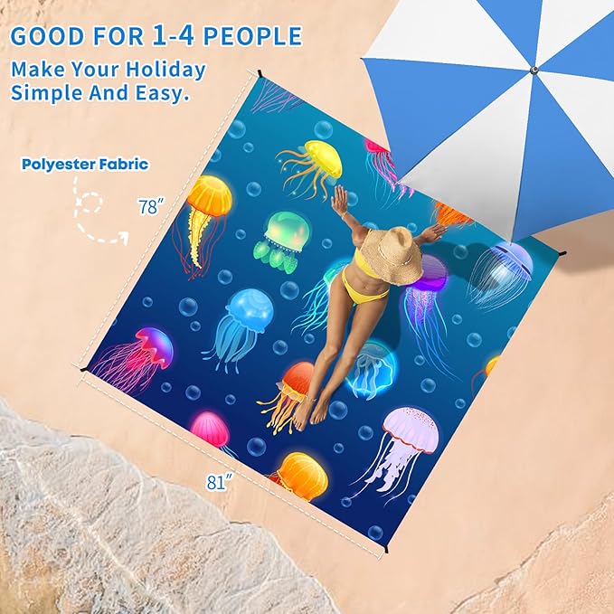 BYDOLL Beach Blanket Jellyfish Sandproof Waterproof 78''×81''1-4 Kids Adults Compact Lightweight Oversized Blanket Large Picnic Mat Beach Blanket for Travel Camping Hiking Picnic