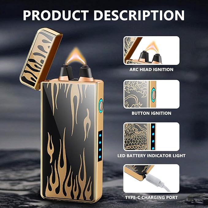 Plasma Lighter Electric Lighters Rechargeable Windproof Lighter with Battery Display USB Lighter, Vintage Lighter for Candle, Fireworks,Incense Stick (Flame)