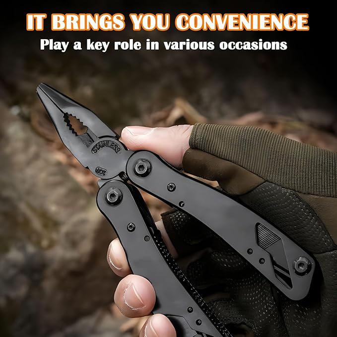 Multitool with Stainless Steel Pliers - Mini Folding Tool for Outdoor Camping, Survival, Portable and Multi-Purpose Use, Vehicle-Mounted Emergency Equipment with Wrench - Black