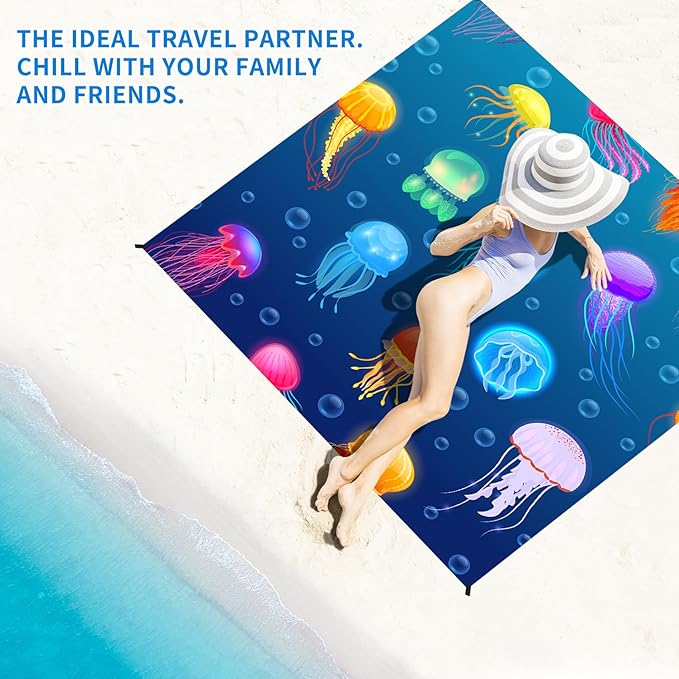 BYDOLL Beach Blanket Jellyfish Sandproof Waterproof 78''×81''1-4 Kids Adults Compact Lightweight Oversized Blanket Large Picnic Mat Beach Blanket for Travel Camping Hiking Picnic