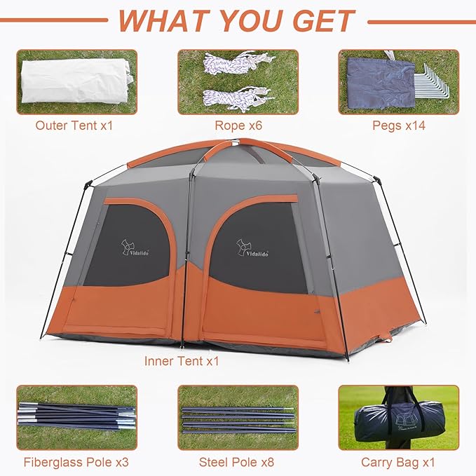 Vidalido Tents,6-8 Person Camping Tent with Extended Vestibule,2 Room Weather Resistant Family Tents,Easy Install Waterproof Outdoor Tent for Backpacking and Camping Hiking