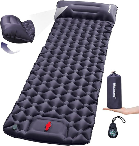 Camping Sleeping Pad with Compass, Ultralight Inflatable Sleeping Mat with Pillow, Built-in Foot Pump, Portable Camping Air Mattress for Backpacking Hiking Traveling Tent (Navy)
