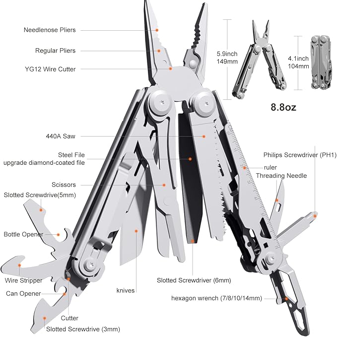 Multitool, 22-in-1 Multi-Tool Pliers with Safety Locking, Pocket Knife, Bottle Opener, EDC Equipment With Pocket Clip for Survival, Camping, Hunting and Hiking, Stainless Steel