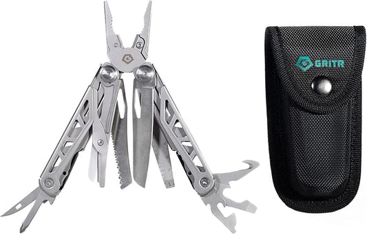 GRITR 13-in-1 Stainless Steel EDC Multitool w/Nylon Sheath - Outdoor Tool w/Needle Nose Pliers, Pocket Knife, Scissors, Bottle Opener, Cutters - Camping Hunting Survival Emergency Gear