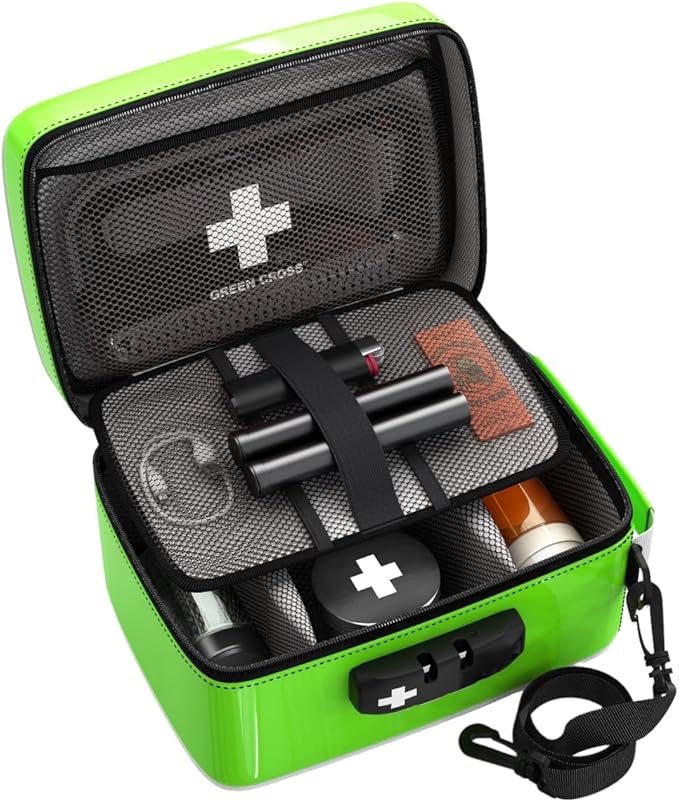 GREEN CROSS Smell Proof Bag Stash Box Medicine Bag Stash Bag 9x6x5 (Green Vinyl)