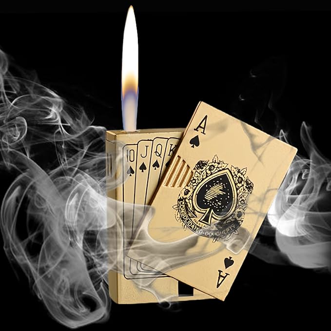 Soft Flame Butane Lighter Refillable Metal Poker Cards Lighters, Cool Keychains, Unique Gifts for Men, Birthday Candles, Camping Accessories, BBQ (No Butane Fuel) (Gold)
