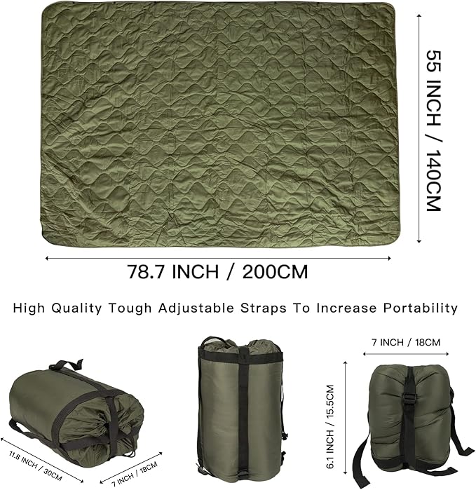 Military Poncho Liner 55”x 79” Camping Blanket Woobie Compact Waterproof for Travel Stadium Outdoor Camping