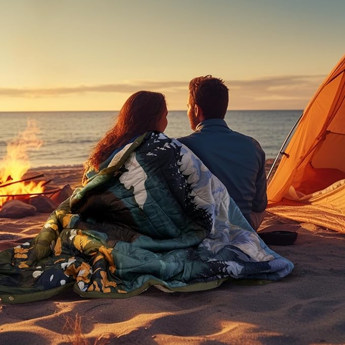 Outdoor Camping Blanket with Sherpa Lining, Extra Warm Thick Camp Blankets & Puffy Ultralight Soft Poncho DWR Camping Quilt for Cold Weather, Adventure,Sleeping,Backpacking 78"x 56"