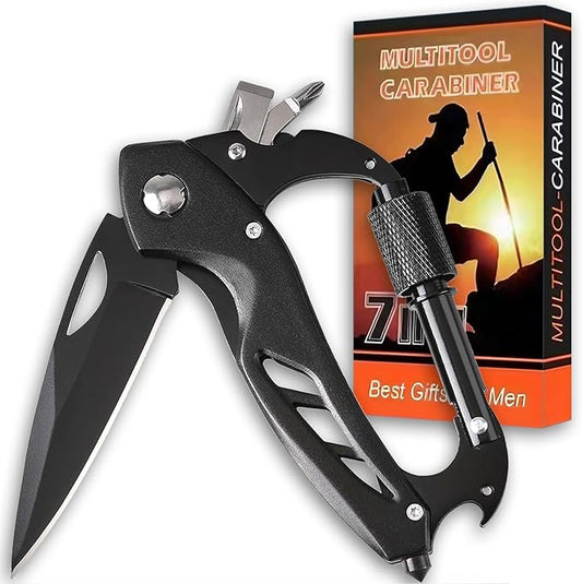 Carabiner with Knife, Multitool Carabiner Pocket Knife, Folding Sharp Knives, Sturdy Handy Tool, Belt Cutter, Bottle Opener, Window Breaker, Screwdriver, for Safety in Car, Camping, Hiking