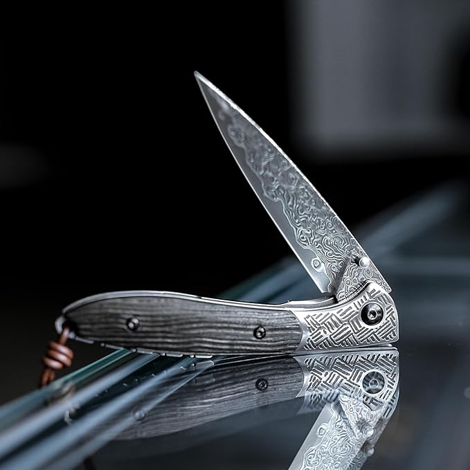 Handmade Damascus Steel Folding Pocket Knife with Leather Sheath,Ebony Wood Handle Thumb Stud Knives for Men EDC Hunting Camping EDC,Piscis Austrinus-01E