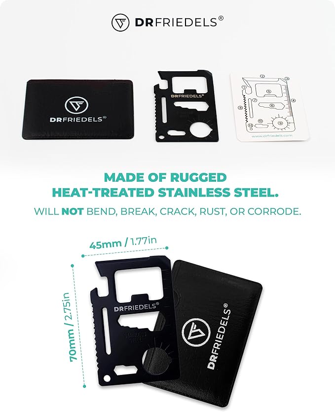 Credit Card Multitool - 11 in 1 Wallet Tool with Can Opener, Knife, Bottle Opener, Screwdriver, Ruler & More - Compact Multitool Card for Repairs, Camping & DIY activities by DrFriedels