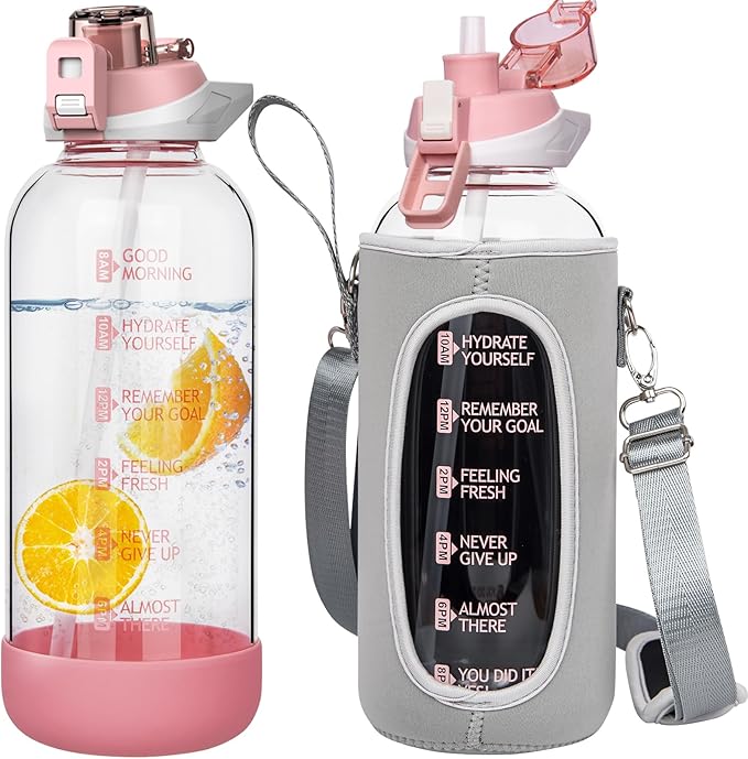 64 oz Large Sports Glass Water Bottle with Straw & Time Marker, Motivational Half Gallon Daily Glass Drinking Bottle with Strap for Fruit Infused Water, Smoothie, Coffee