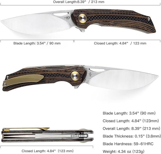 BESTECH KNIVES Pocket Folder Folding Knife: 3.54" 154CM Steel Satin Blade, Carbon Fiber and G10 Scales, Flipper, Liner Lock, EDC Titanium Clip, BL01D (Black Orange)