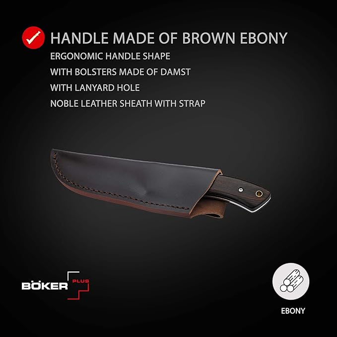 BÖKER PLUS® M-One Damascus hunting knife - fine Damascus knife with fixed blade & leather sheath - bushcraft knife with ebony wood handle - Damascus outdoor knife in gift box
