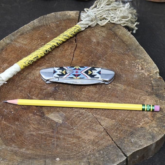 WHISKEY BENT HAT CO. Traditional Canoe Folding Pocket Knife w/Filework 3.63" Closed Length 440C Stainless Steel Blades (Sky Bead)