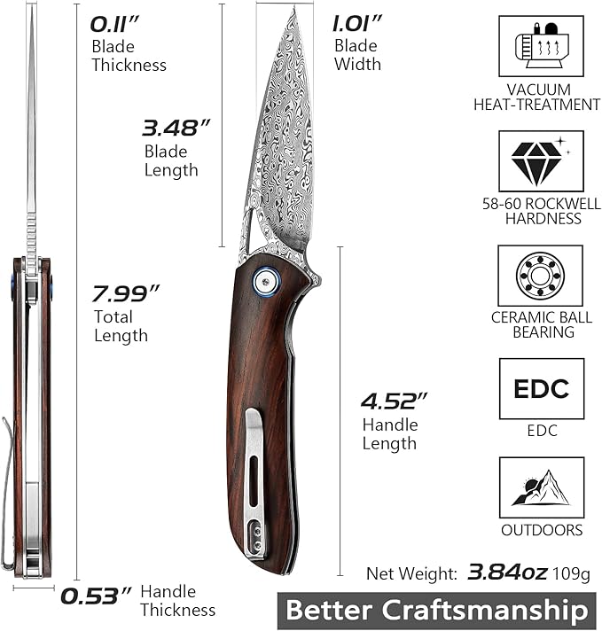 Handmade Folding Hunting Knife,3.5in 110 Layers Damascus Steel Liner Lock Rosewood Handle with Deep Carry Pocket Clip&Titanium Pivot Ring,Thumb Hole Flipper Opener with Ceramic Ball Bearing EDC Knives for Men,Sgr-01