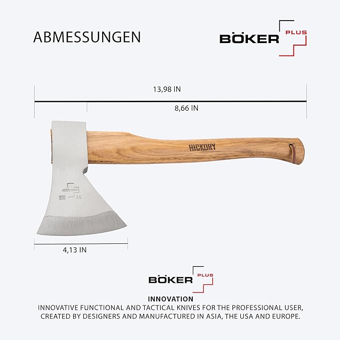BÖKER PLUS® Appalachian Axe Small - Small Carbon Axe with Short Hickory Wood Handle - bushcraft, Outdoor & Survival Axe - Professional Axe with Rhenish Head 21.16 oz Made of Carbon Steel 1055