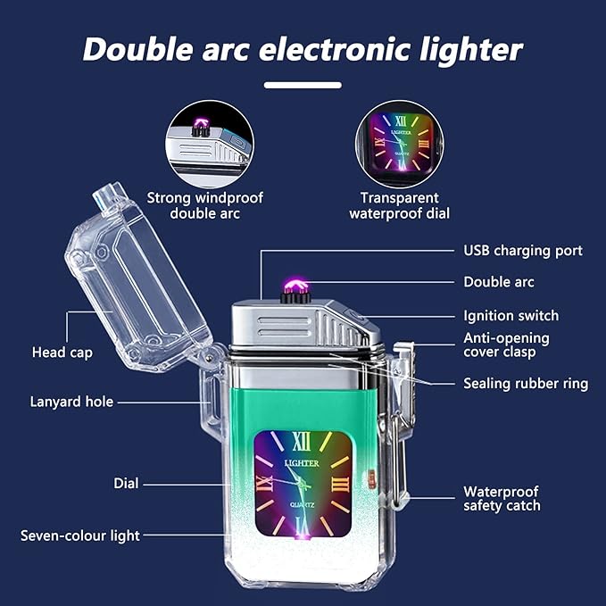SKRFIRE Outdoor Windproof Lighter Electric Double Arc Lighter Plasma Lighter Rechargeable Lighter Fashionable and Cool Lighter Waterproof Transparent Lighter(Green and White Gradient)